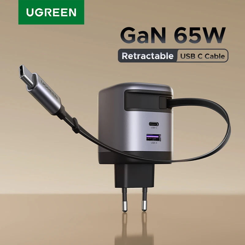 UGREEN 65W GaN Charger with Retractable USB-C Cable - Fast & Compact