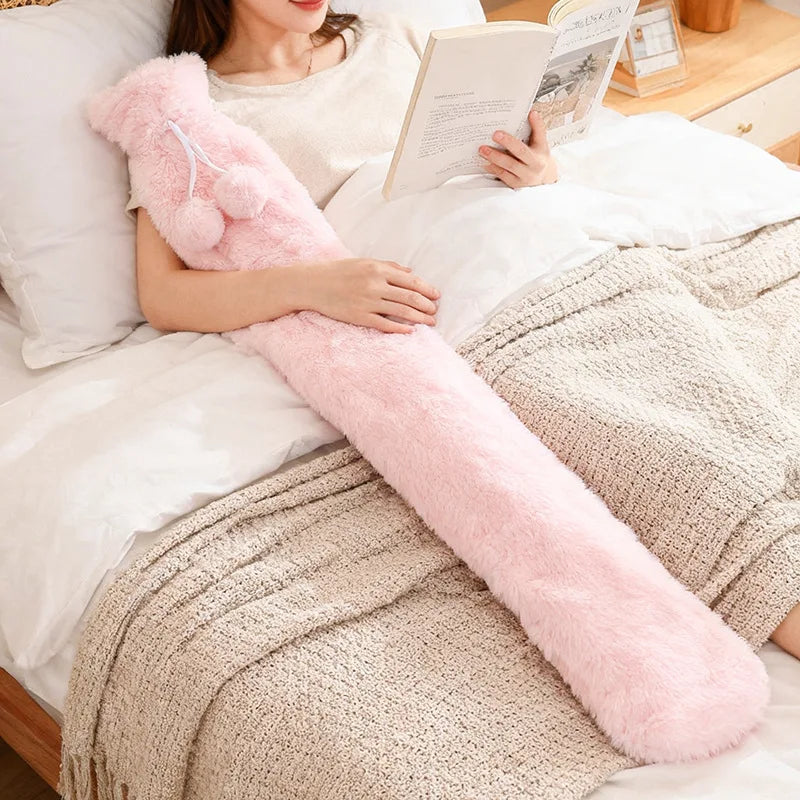 Extra Long 76x11cm Hot Water Bottle with Removable Cover - Pink & Gray
