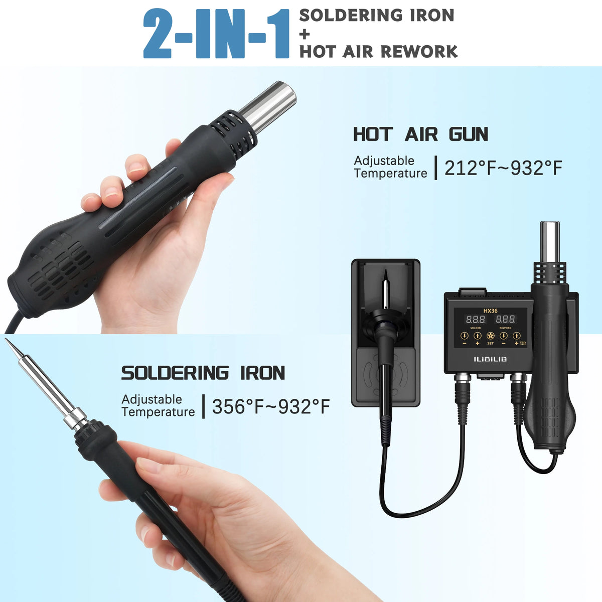 ILIBILIB 2-in-1 Soldering Station with Hot Air Gun for SMD Rework