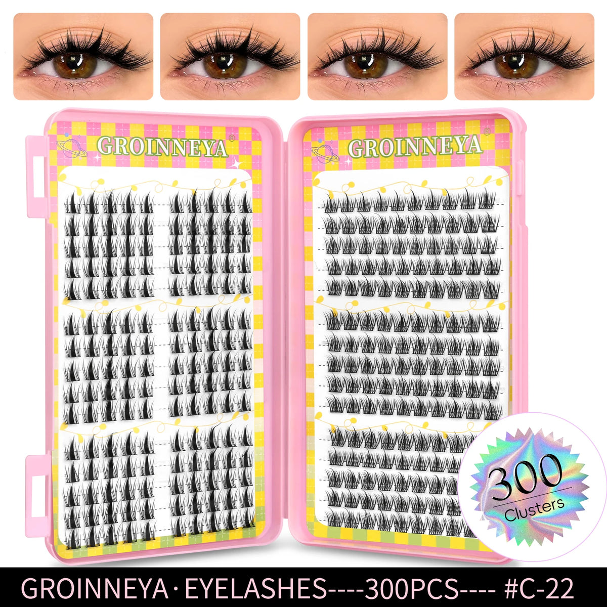 GROINNEYA Natural Cluster Lashes - 320 Pcs Volume Mixed Tray