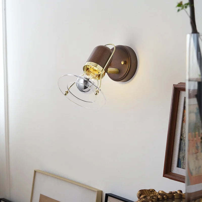 Antique Retro Walnut LED Glass Wall Lamp - Creative Bedroom Light