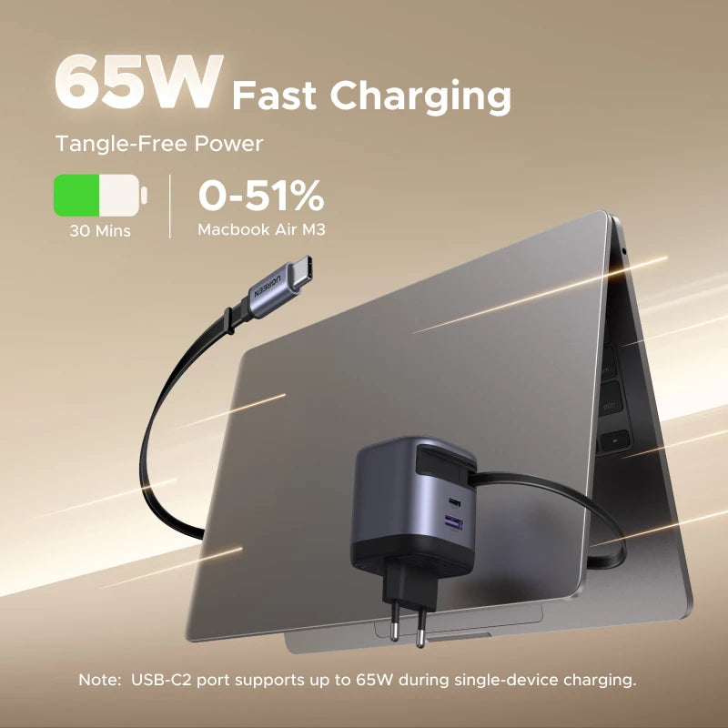 UGREEN 65W GaN Charger with Retractable USB-C Cable - Fast & Compact