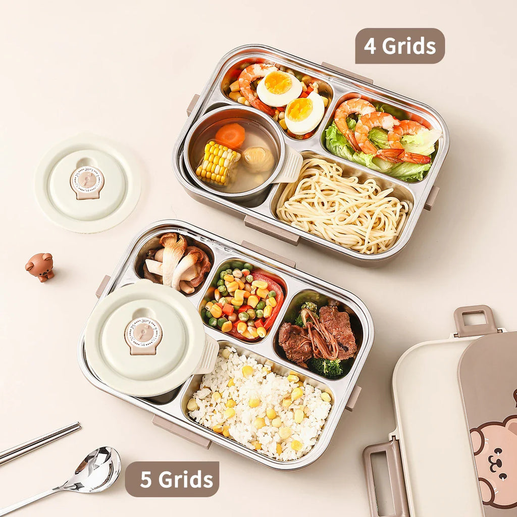 WORTHBUY Portable 4-Grid Stainless Steel Lunch Box with Utensils