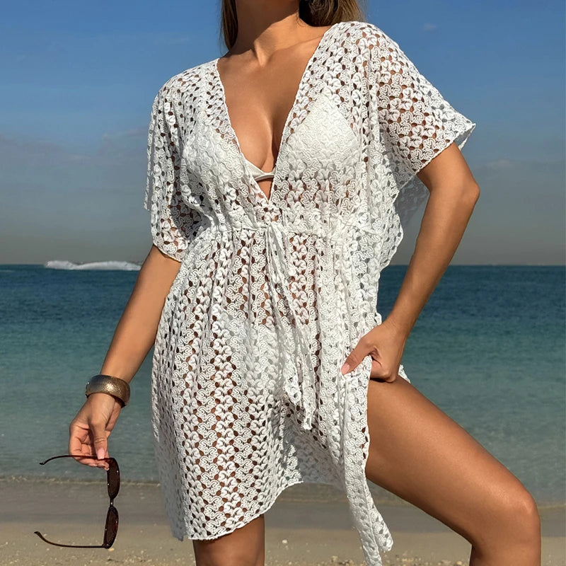 Elegant Deep V Neck Long Sleeve Beach Cover-Up Dress