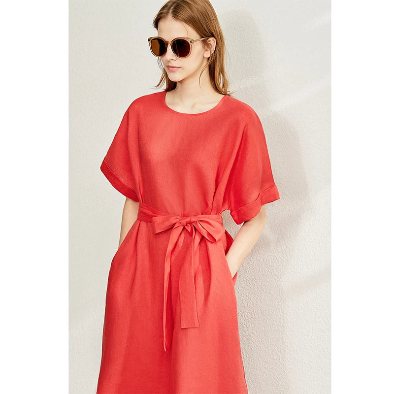 AMII Women's Elegant Linen Summer Dress - Artistic O-Neck A-Line Style