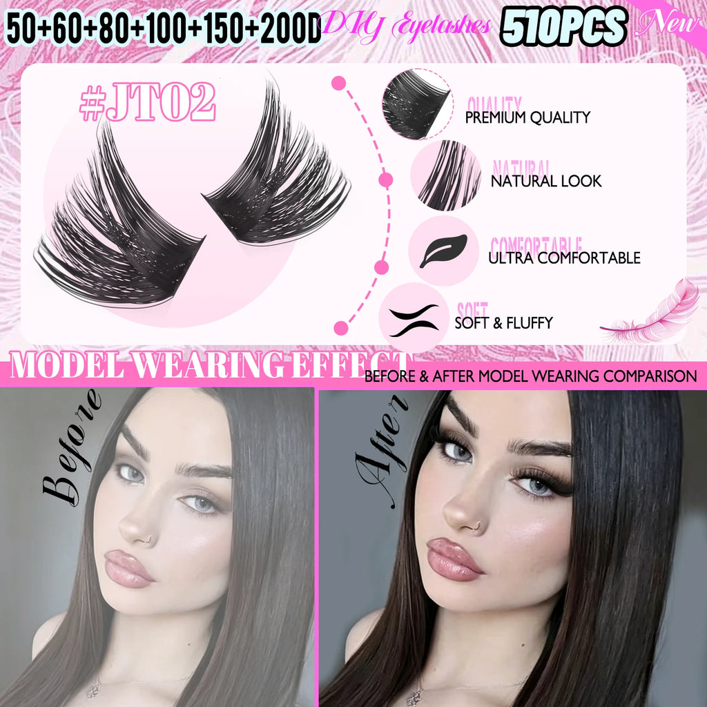 GROINNEYA 510pcs D Curl Fluffy Lashes – 6 Styles, 8-16mm Wispy Extensions