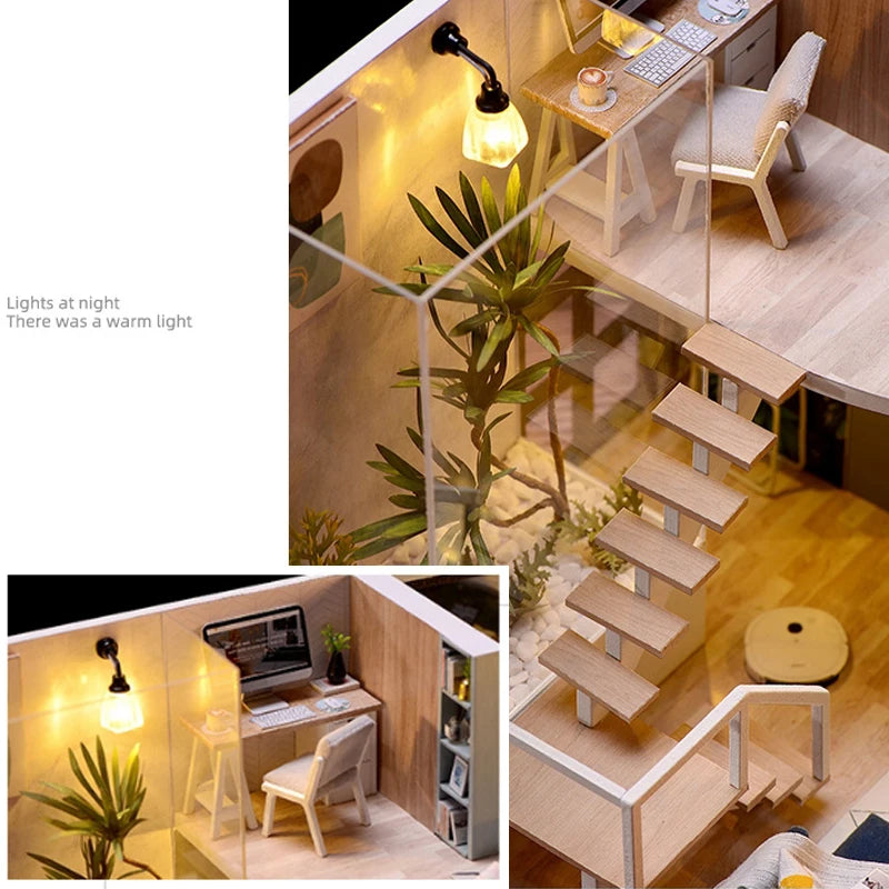 3D Wooden Mini Dollhouse Kit - DIY Duplex Apartment with Furniture