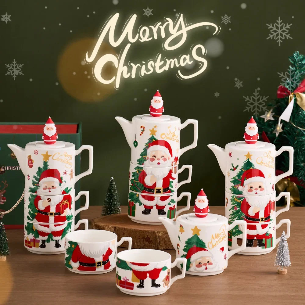 Elegant Christmas Ceramic Teapot Set with Gold Plated Accents