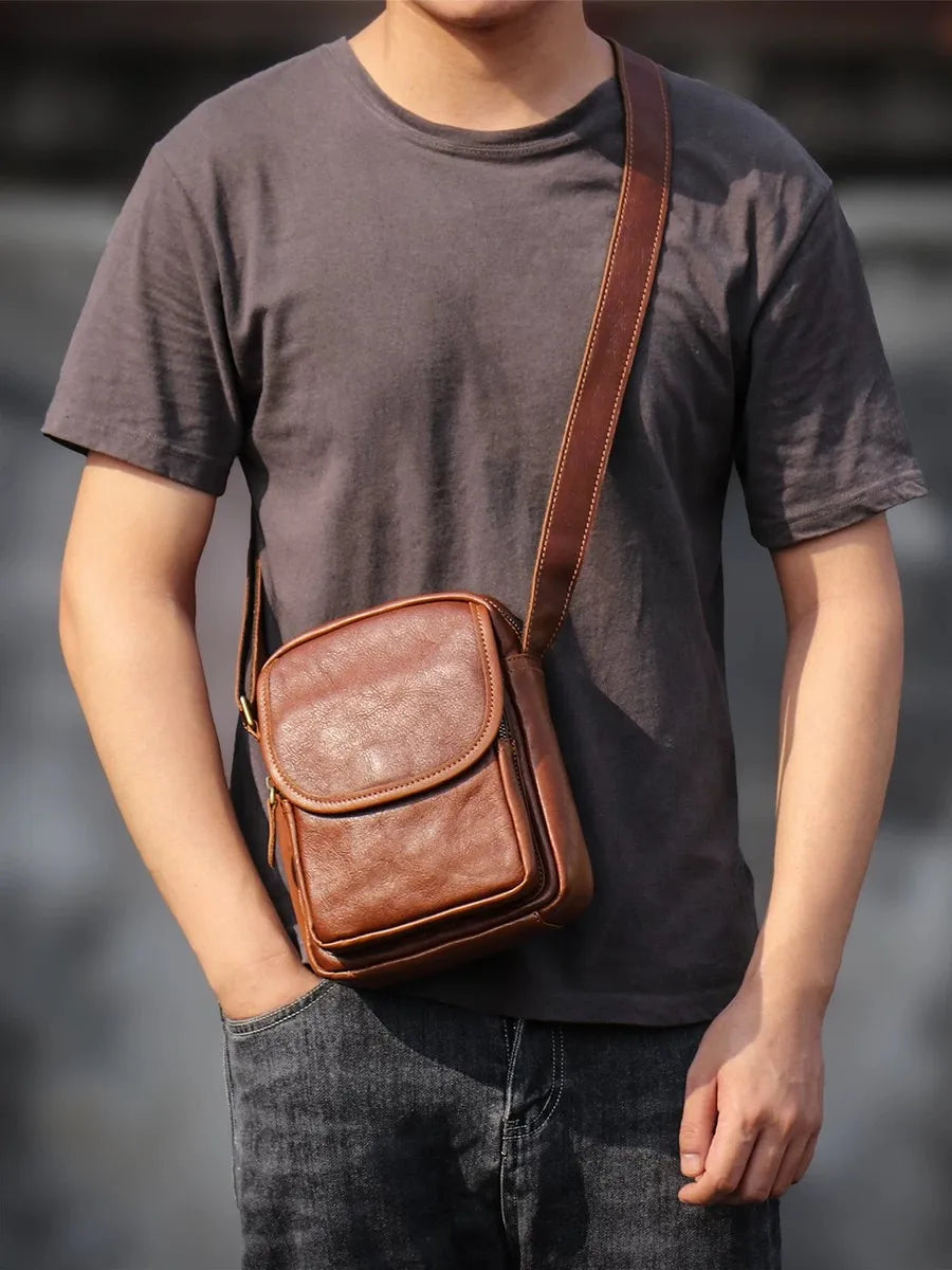 Top Grain Leather Sling Bag for Men - Vintage Crossbody Phone Carrier