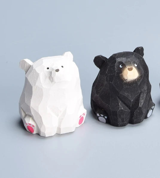 Cute Wooden Polar Bear Figurine - Miniature Hand-Carved Decor