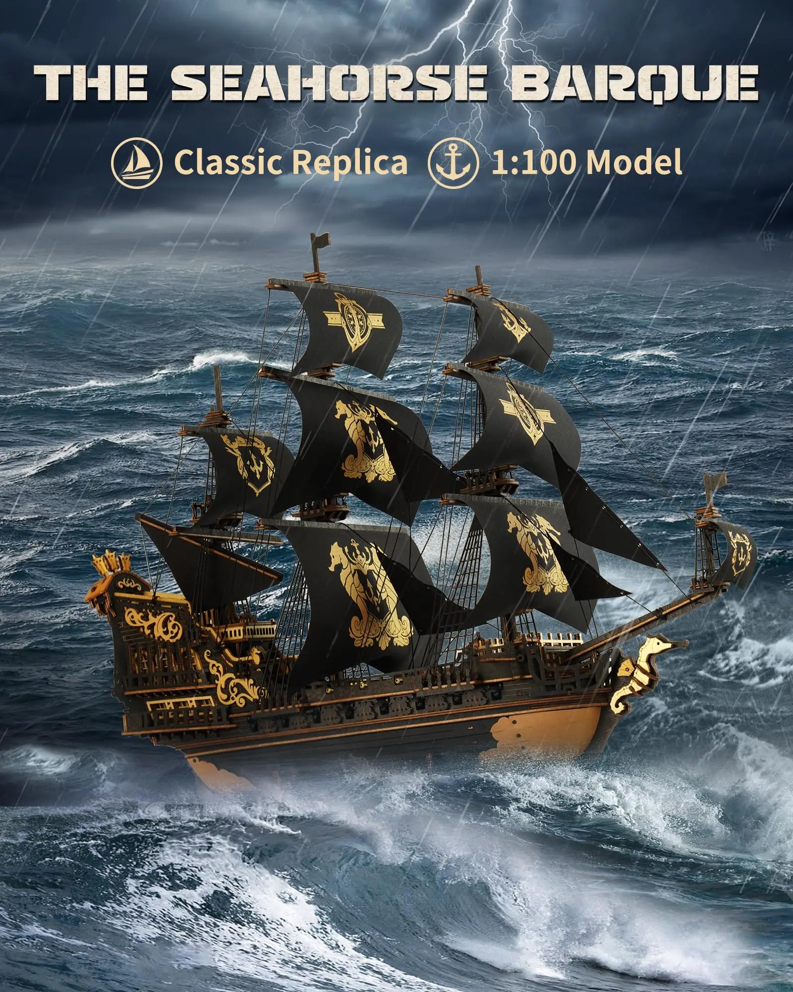 Robotime Seahorse Barque 3D Wooden Puzzle - Classic Sailboat Model Kit