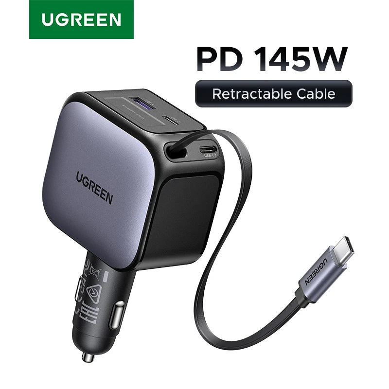 UGREEN 60W USB-C Car Charger & Retractable Fast Charging Cable