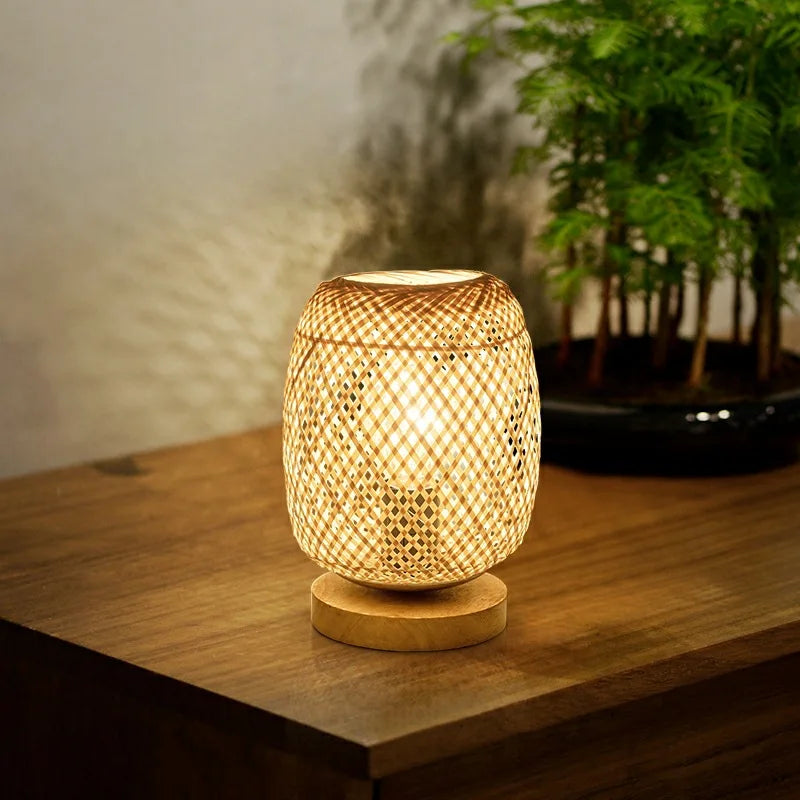 Handcrafted Bamboo Woven Table Lamp with Wooden Base - Modern Night Light