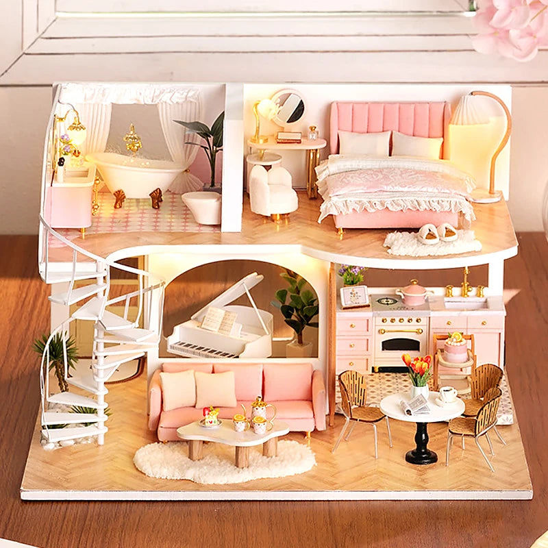 3D Wooden Mini Dollhouse Kit - DIY Duplex Apartment with Furniture