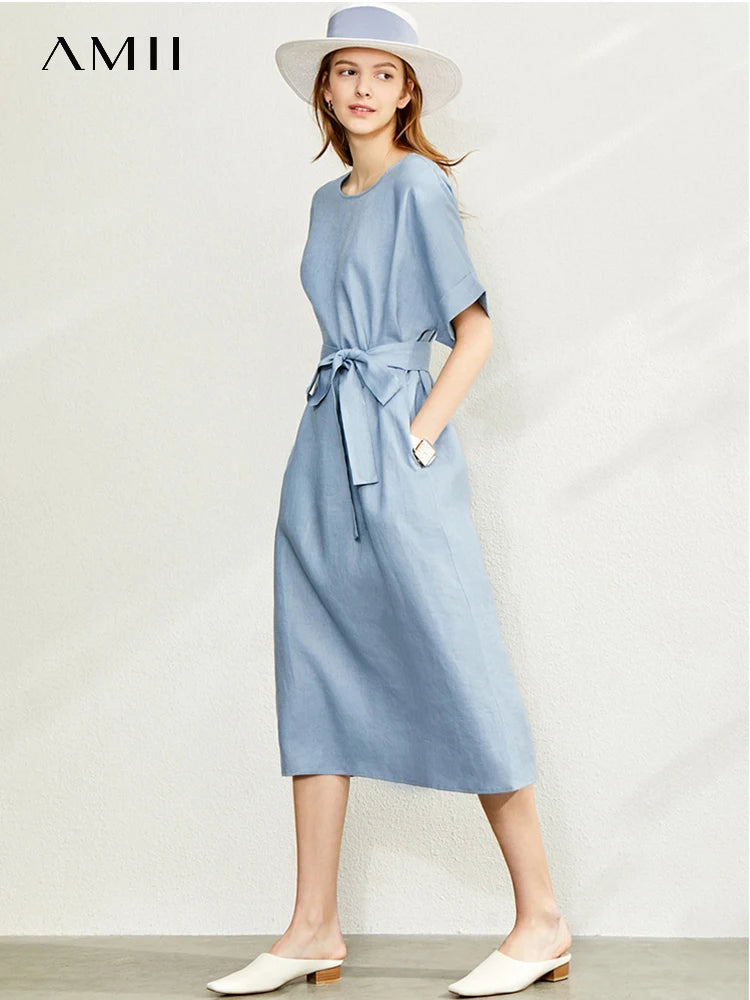 AMII Women's Elegant Linen Summer Dress - Artistic O-Neck A-Line Style