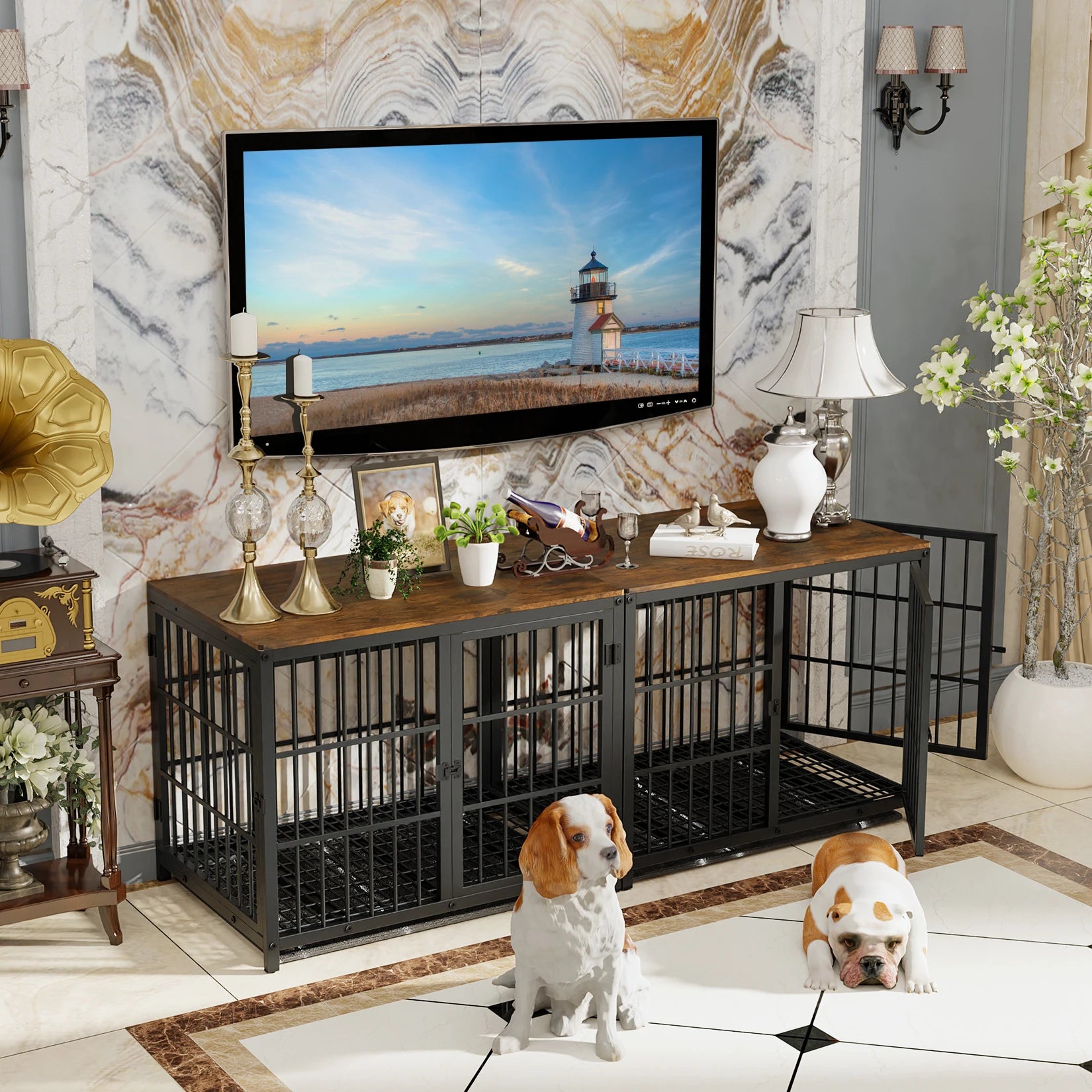 Elevated Wooden Dog Crate & End Table with Removable Tray - Stylish Kennel