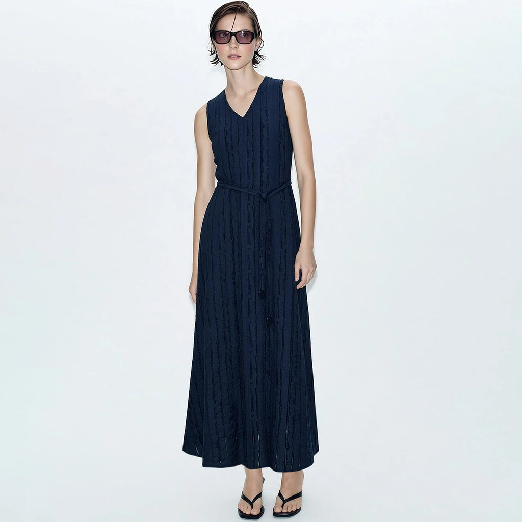 Amii Women's Elegant A-Line Midi Dress - Sleeveless V-Neck Style
