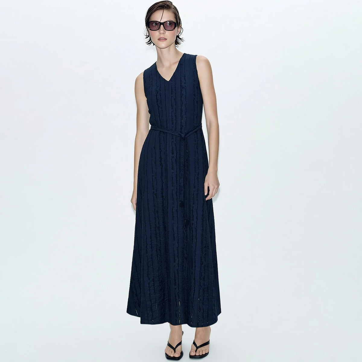 Amii Women's Elegant A-Line Midi Dress - Sleeveless V-Neck Style