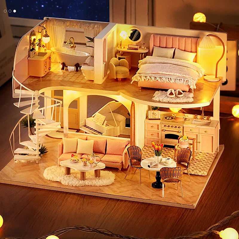 3D Wooden Mini Dollhouse Kit - DIY Duplex Apartment with Furniture