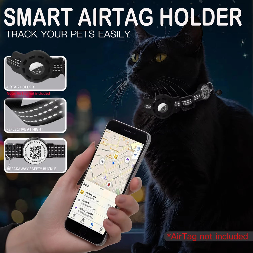 Reflective Cat GPS Collar with QR Code & AirTag Holder - Breakaway Design