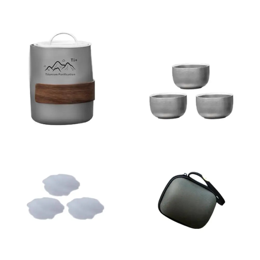 Lightweight Titanium Camping Tea Set with 3 Cups & Storage Bag