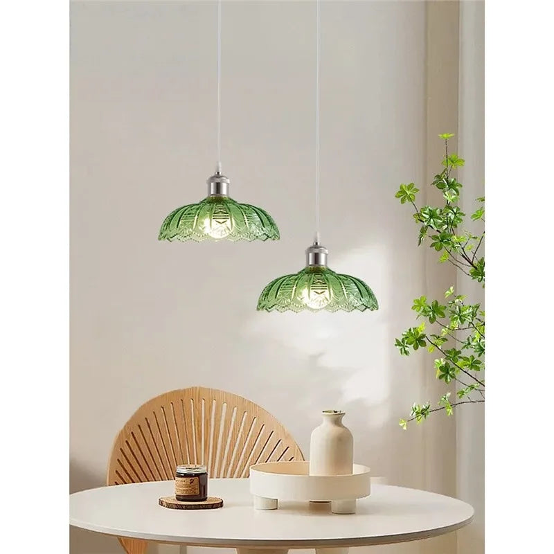 Vintage Green Glass LED Pendant Light - Adjustable Floral Design