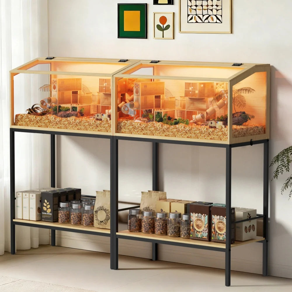 Large Elevated Wooden Hamster Cage with LED Light & Storage Shelf