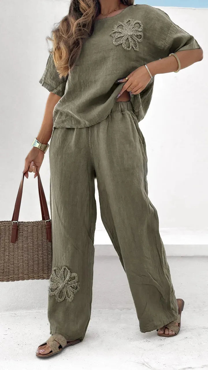 Women’s Summer Embroidered Cotton & Hemp Two-Piece Set - Stylish Comfort