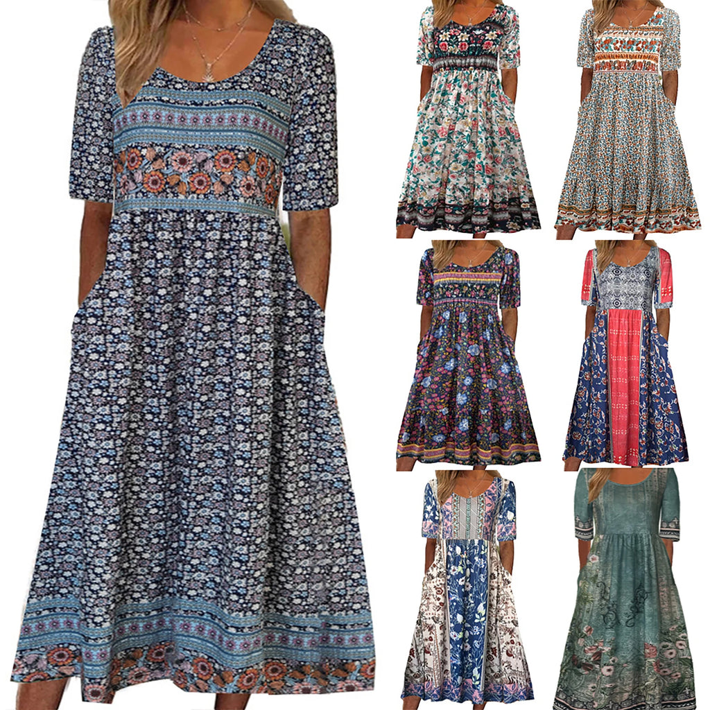 Boho Chic Women's Round Neck Print Short Sleeve Long Dress