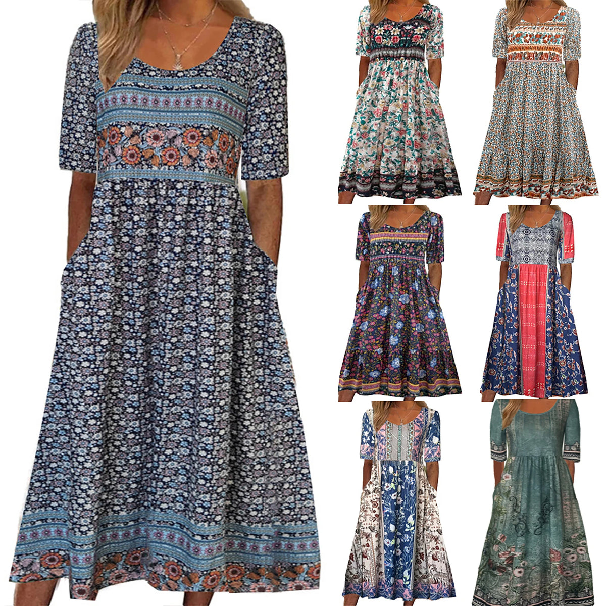 Boho Chic Women's Round Neck Print Short Sleeve Long Dress