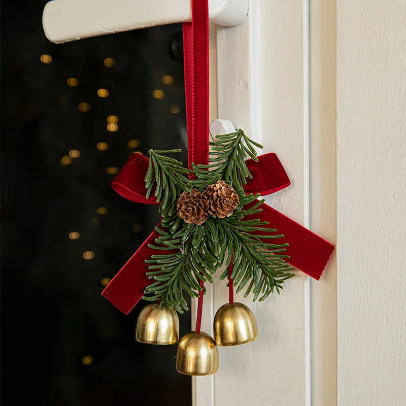 Festive Christmas Jingle Bells Door Hanger with Velvet Bow & Pine Cones