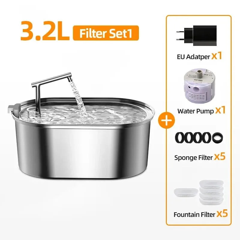 ROJECO Automatic Stainless Steel Cat Water Fountain - 3.2L Dispenser