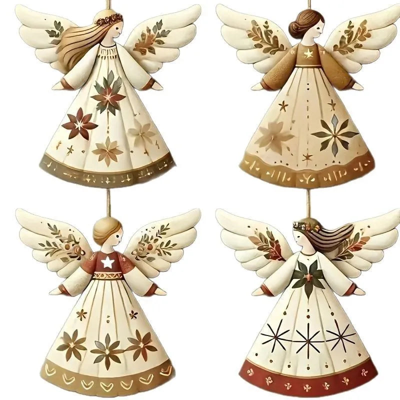 4PCS Vintage Angel Wooden Hanging Ornaments for Festive Decor