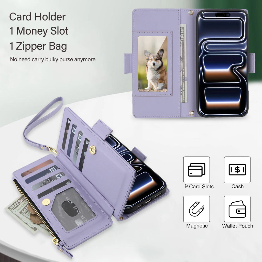 Magnetic Leather Crossbody Wallet Case for iPhone 17, 16, 15, 14