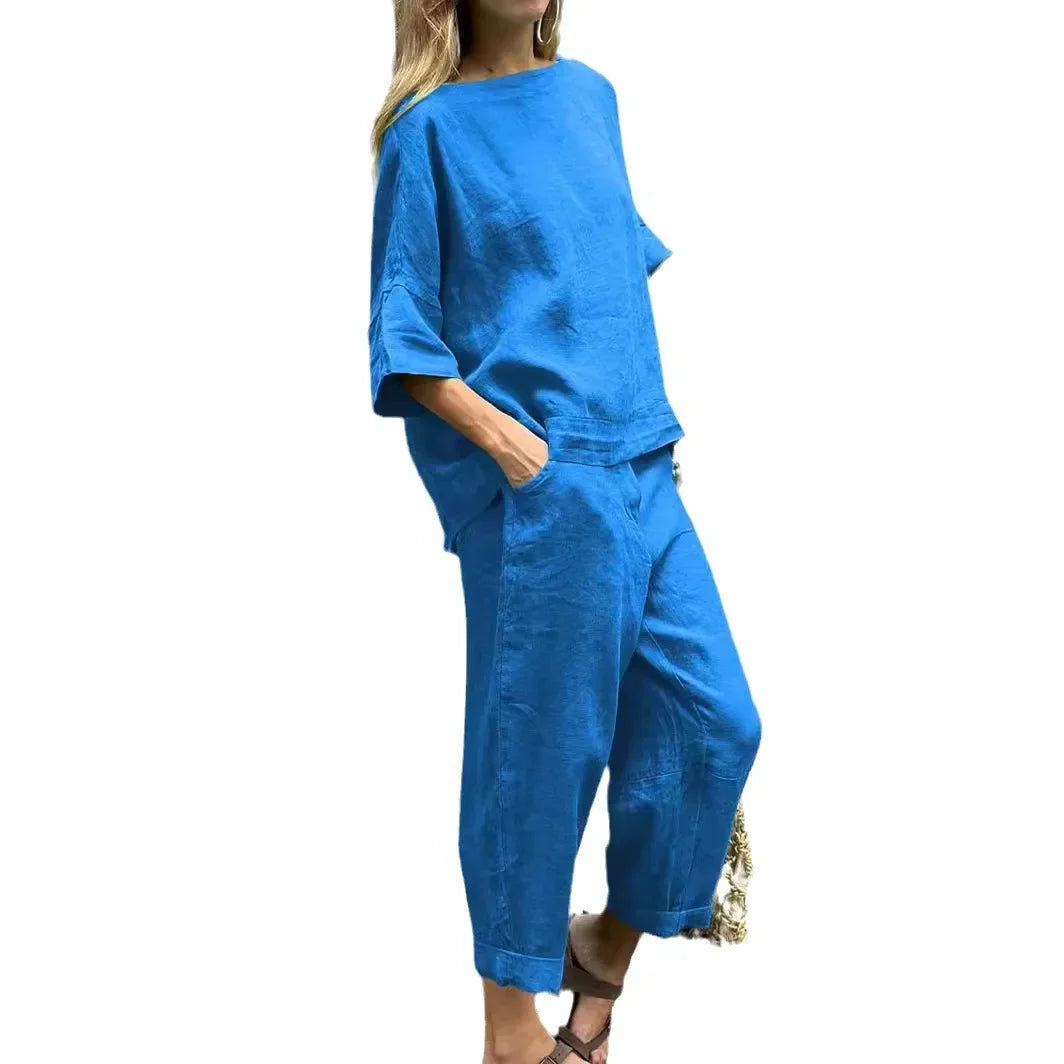 Chamliforve Women's Plus-Size 2-Piece Summer Cotton-Linen Set