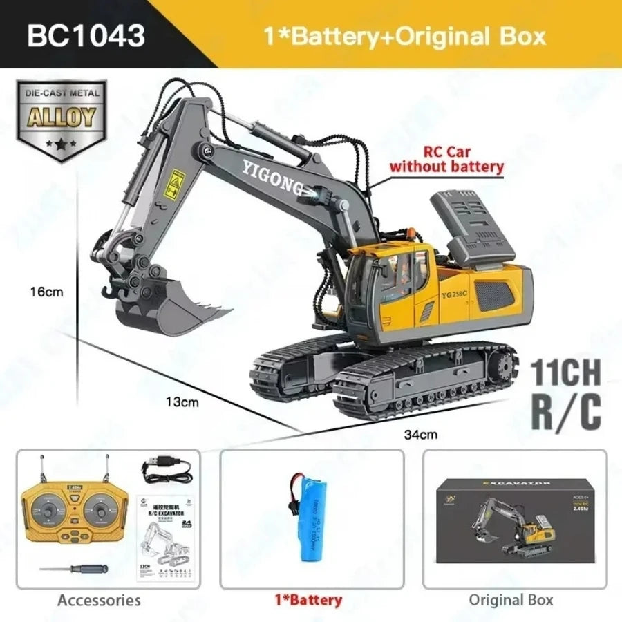 2.4GHz RC Excavator Toy Truck for Kids | Alloy, Lights & Sounds