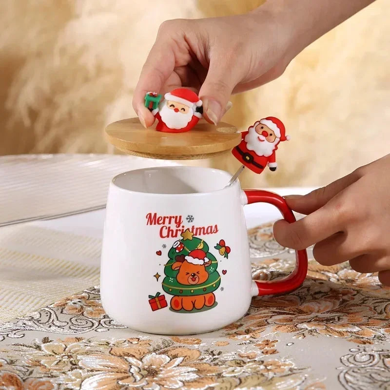 Festive Ceramic Mug Set with Lid & Spoon - Perfect Christmas Gift