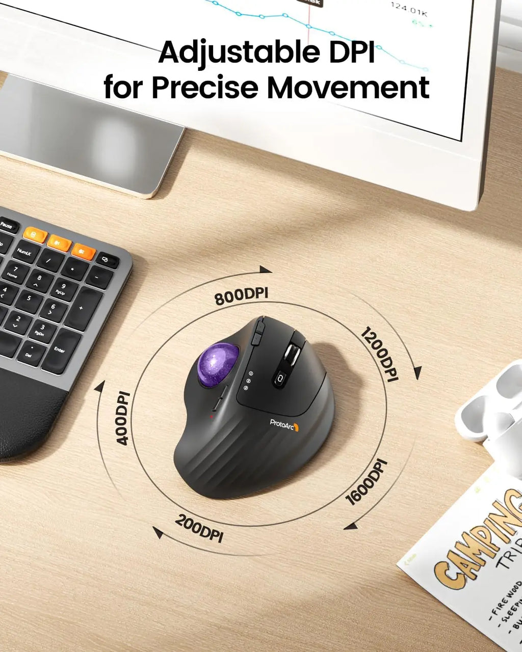 ProtoArc Ergonomic Bluetooth Trackball Mouse - Rechargeable Comfort