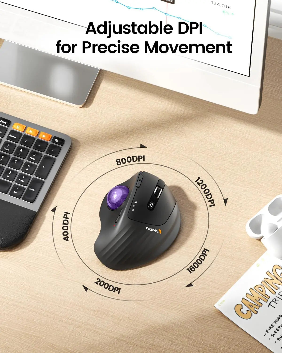 ProtoArc Ergonomic Bluetooth Trackball Mouse - Rechargeable Comfort