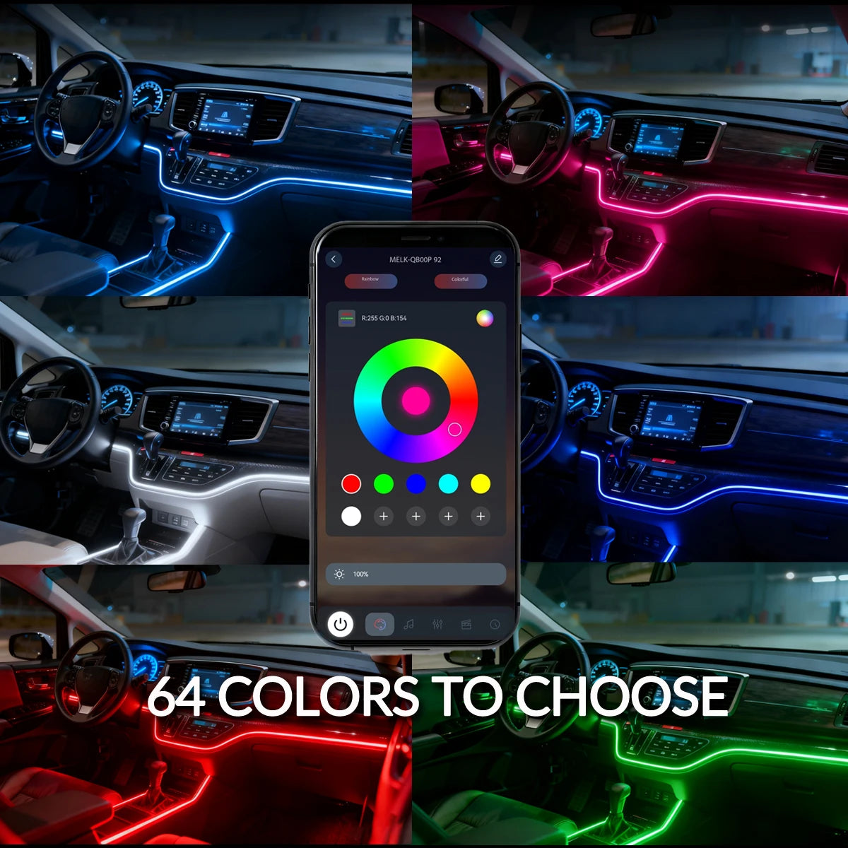 App-Controlled RGB LED Strip Lights for Car Interiors