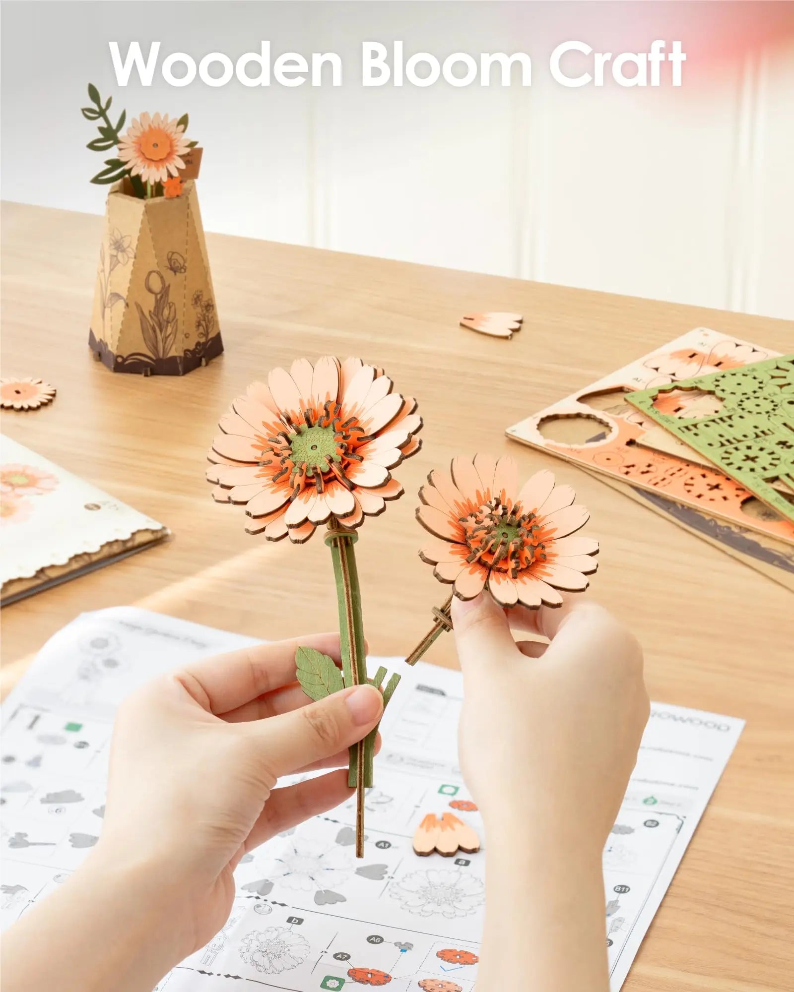 Robotime 3D Wooden Flower Puzzle Kit | Unique DIY Home Decor Gift