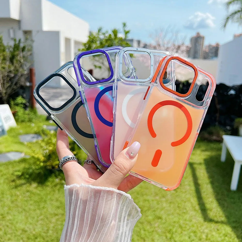 Translucent Metal MagSafe Wireless Charging Phone Case for iPhone 11-17 Pro Max