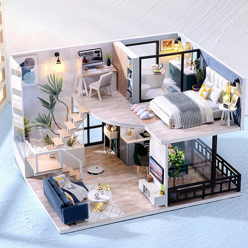 3D Wooden Mini Dollhouse Kit - DIY Duplex Apartment with Furniture