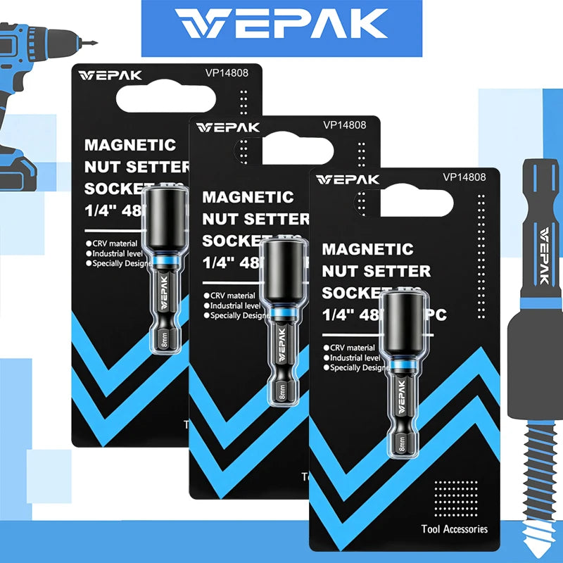 VEPAK Magnetic Hex Nut Drivers – 6/8/10mm High Torque Socket Set
