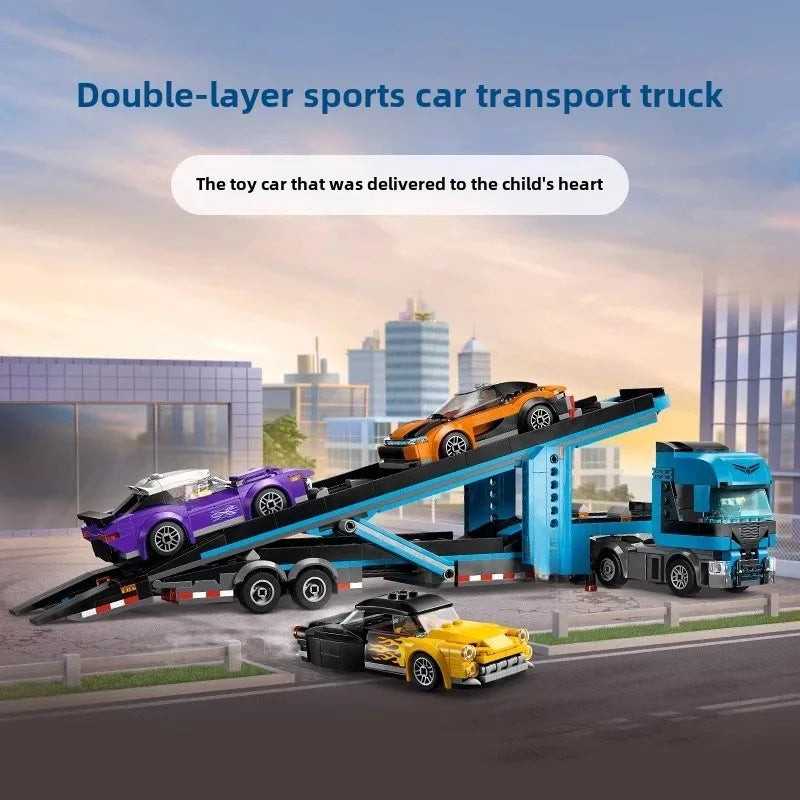 Fun Sports Car Transport Set - Double-Decker Trailer Building Blocks