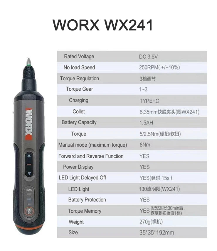 Worx 4V Mini Cordless Electric Screwdriver Set - Rechargeable, 30 Bits