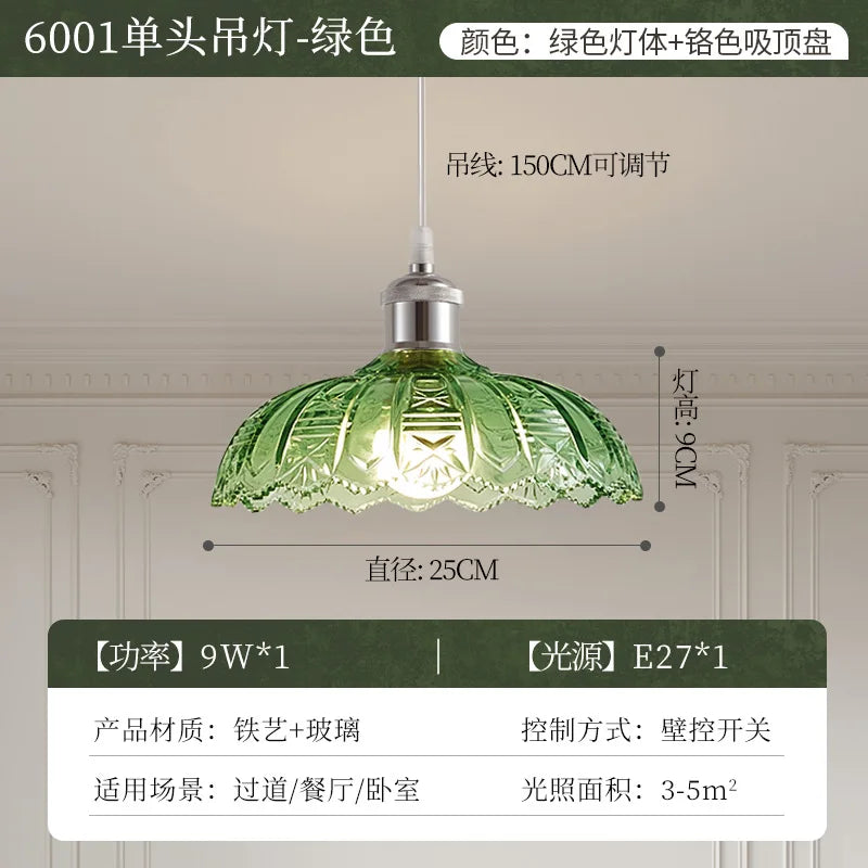 Vintage Green Glass LED Pendant Light - Adjustable Floral Design
