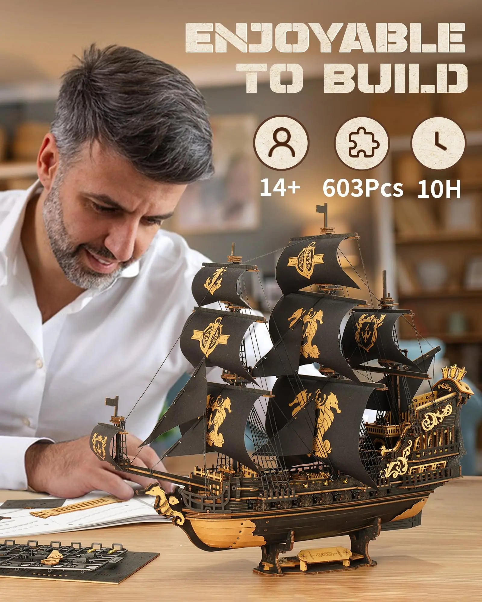 Robotime Seahorse Barque 3D Wooden Puzzle - Classic Sailboat Model Kit