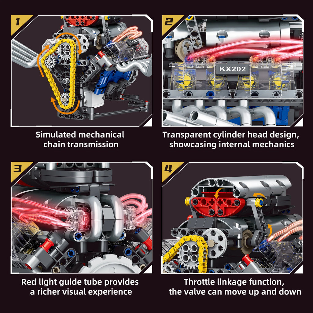 665-Piece V8 Engine Building Block Set with LED Lights | Creative Assembly Toy