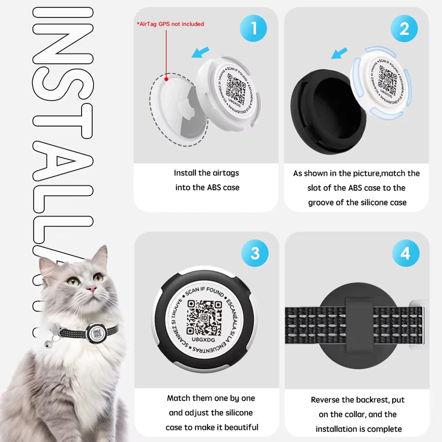 Reflective GPS Cat Collar with Airtag Case & QR ID Tag